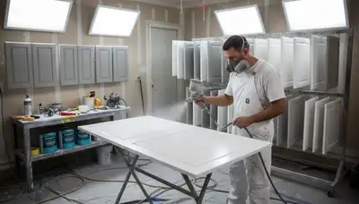 Professional cabinet painting process in Fort Worth, TX showing smooth spray finish on kitchen cabinets