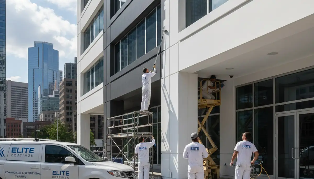 Professional commercial painters finishing exterior building in Fort Worth, TX