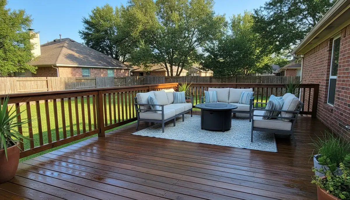 Finished wood deck staining with rich protective finish by house painters in Fort Worth, TX