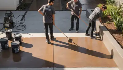Professional concrete staining on residential patio in Fort Worth, TX by expert house painters