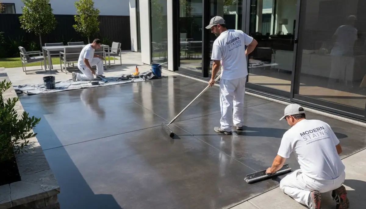 Professional concrete staining on residential patio in Fort Worth, TX by local house painters
