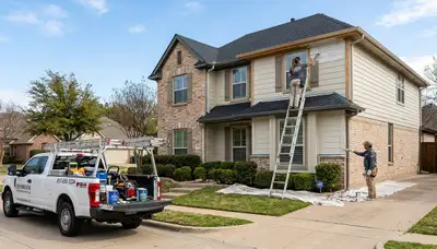 Professional house painters working on residential exterior in Fort Worth, TX