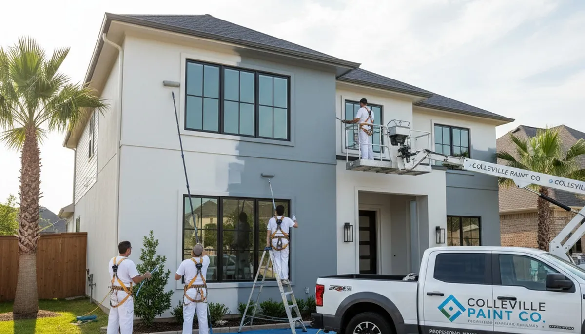 Fort Worth, TX house painters painting a residential home exterior with professional spray equipment