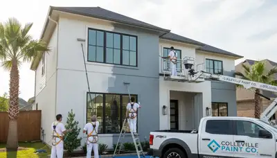 Fort Worth, TX house painters painting a residential home exterior with professional spray equipment