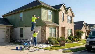 Professional house painters working on exterior home repaint in Fort Worth, TX