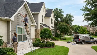 Professional house painters working on residential exterior in Fort Worth, TX