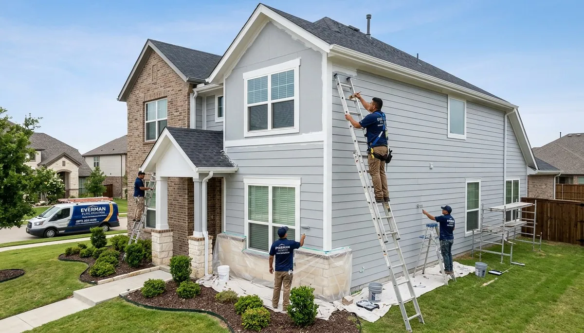 Professional house painters working on residential exterior in Fort Worth, TX