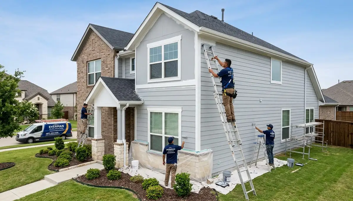 Professional house painters working on residential exterior in Fort Worth, TX