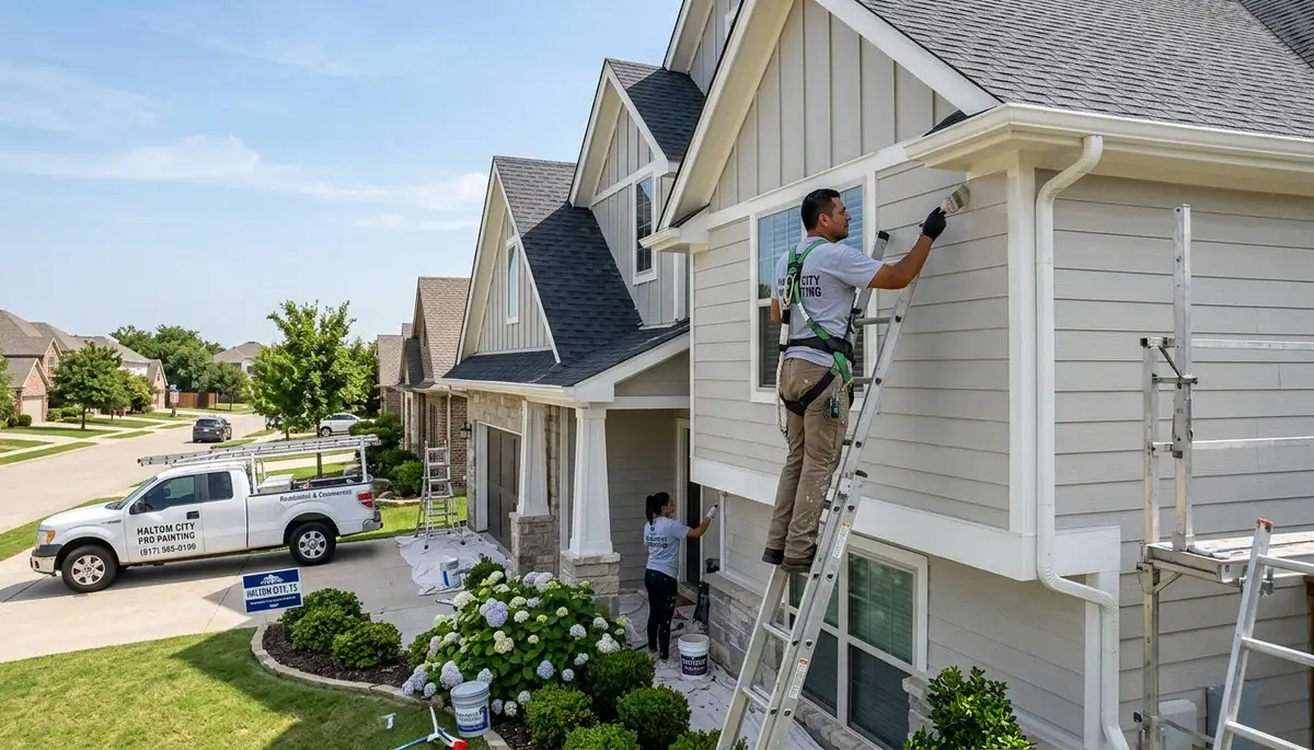Professional house painters in Fort Worth TX applying exterior paint to a residential home