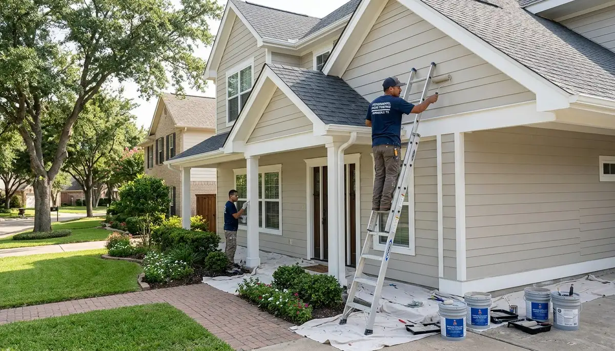 Professional house painters working on exterior home in Fort Worth TX