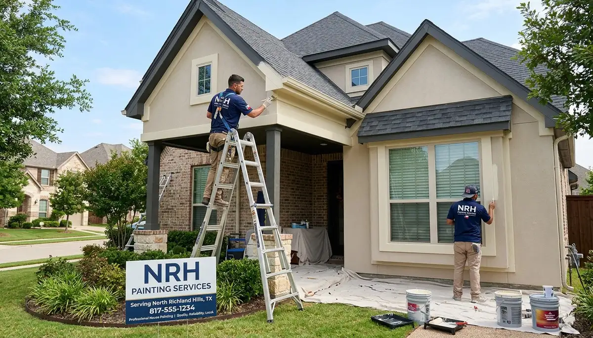 Professional house painters working on residential exterior in Fort Worth, TX