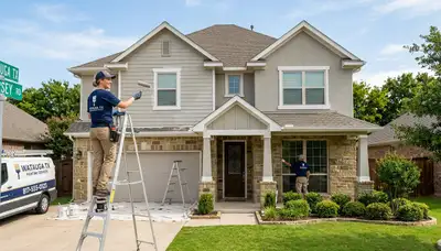Professional house painters working on exterior home in Fort Worth, TX