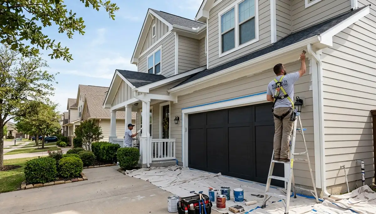 Professional house painters working on residential exterior in Fort Worth, TX