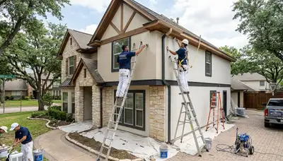 Professional house painters working on residential exterior in Fort Worth, TX