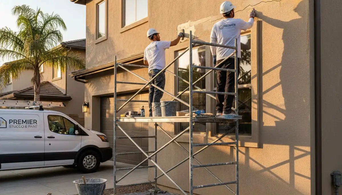 Expert stucco repair on Fort Worth TX home exterior by professional house painters