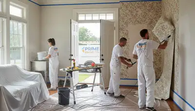 Painter removing old wallpaper in Fort Worth TX home during professional wall prep for painting