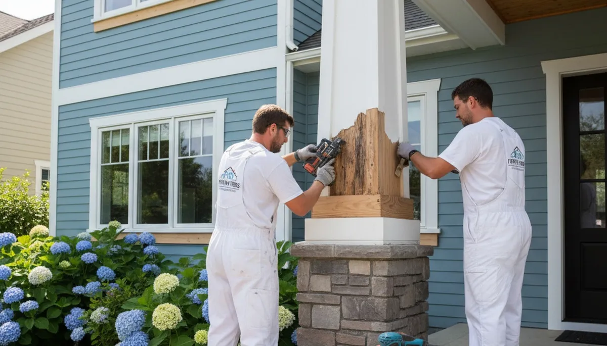 Professional wood rot repair on Fort Worth TX home exterior by expert house painters